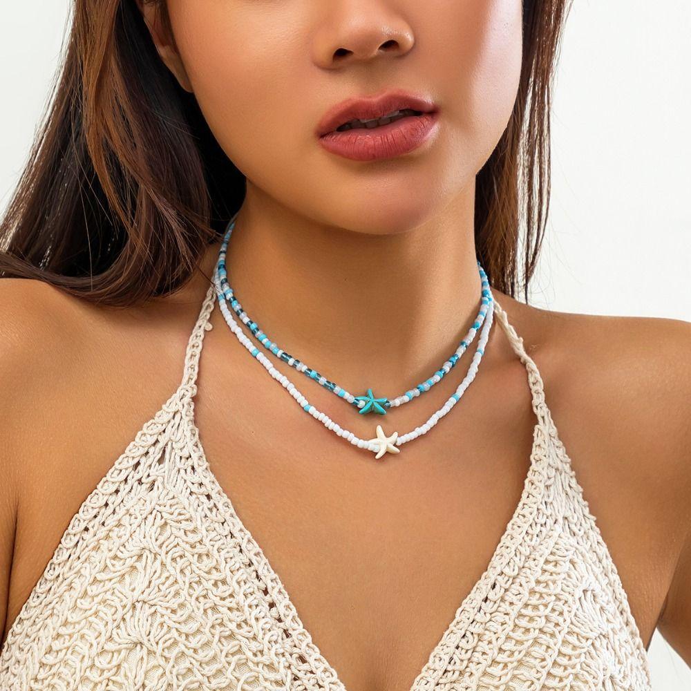 Boho Style Conch Shell Necklace Shell Bohemia Beads Chain Choker Starfish Pendant Necklace  Summer