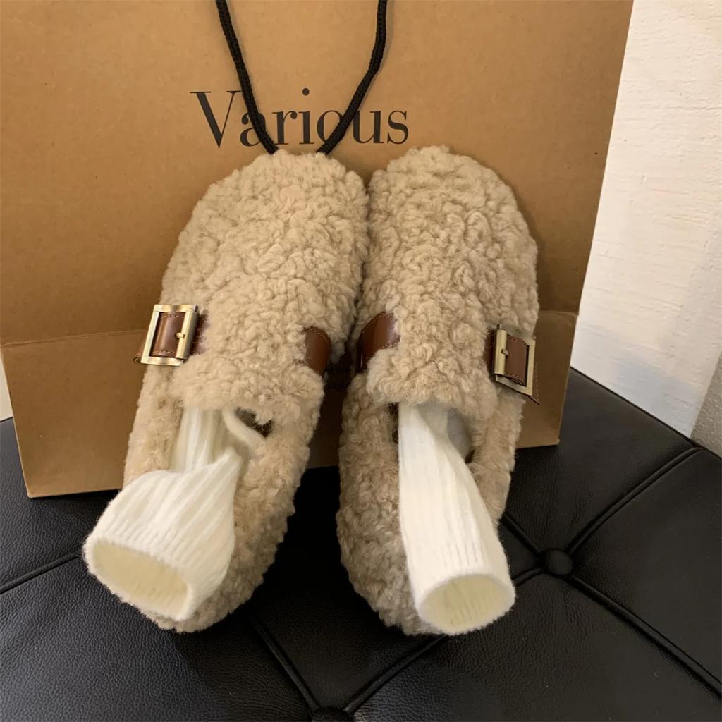 Luxury Sheep Fur Lined Loafers Women Lambswool Shoes Ladies Winter Slip On Furry Flats Cotton Wool Mocasine Femme Barefoot Boots