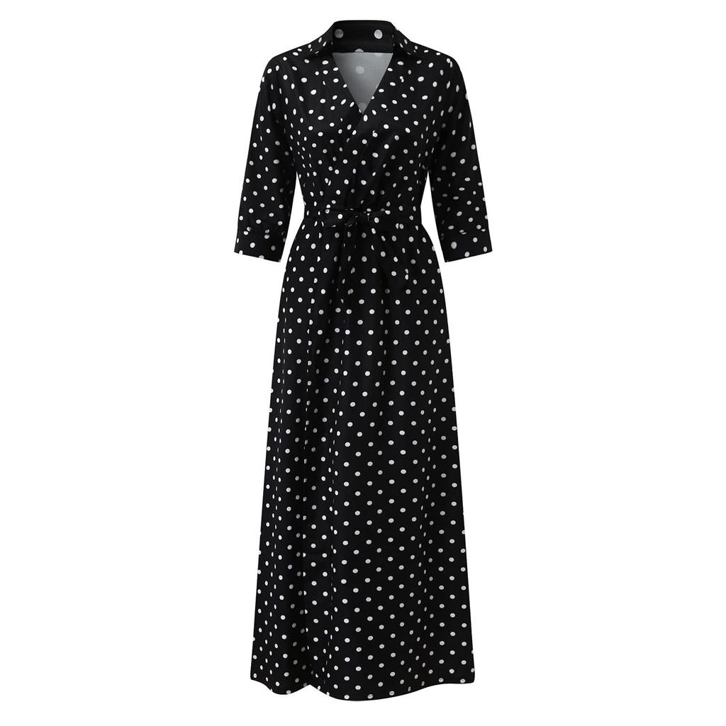 Damen Langarm Maxikleid V-Ausschnitt Knöchellang Langes Kleid Lässiges A-Linien-Kleid mit Gürtel