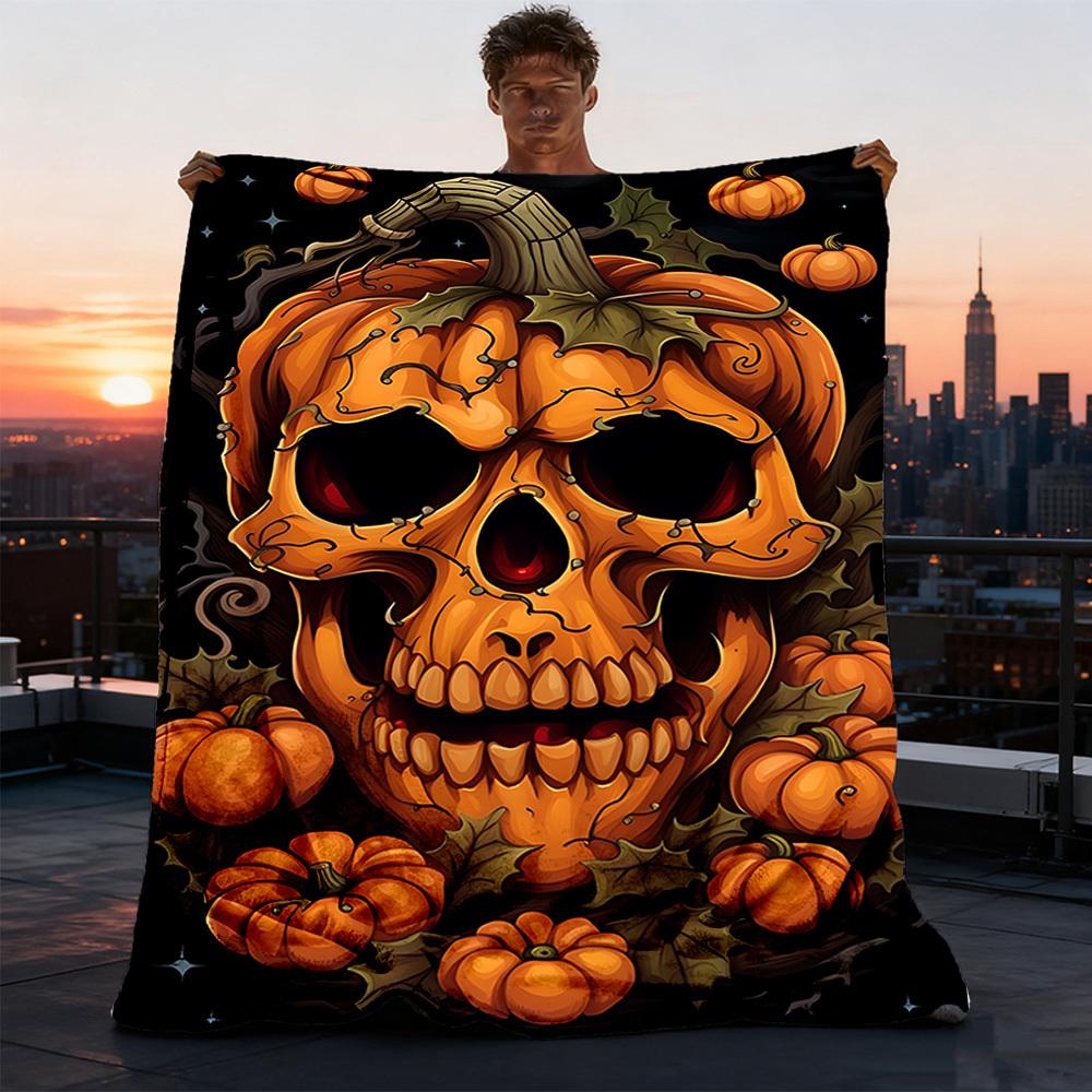 1pc Pumpkin Skull Throw Blanket Polyester Fiber, Lightweight Flannel, Soft & Warm, All Season Use for Outdoor, Camping Digital Print
