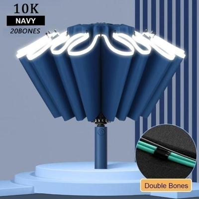 10K Double Bones Reverse Fully-Automatic Umbrella Men Women Large Windproof Reflective Stripe Umbrella Sunny and Rainy Umbrella