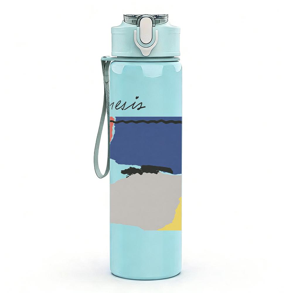 1PC Abstract color block rectangular print 750ml colorful plastic sports water bottle leakproof pop up lid with straw for outdoor work home use