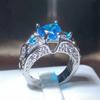 New Fashion Heart-shaped Blue Zirconia Ring Female 925 Stamp Hollow Geometric Jewelry Party Wedding Gift