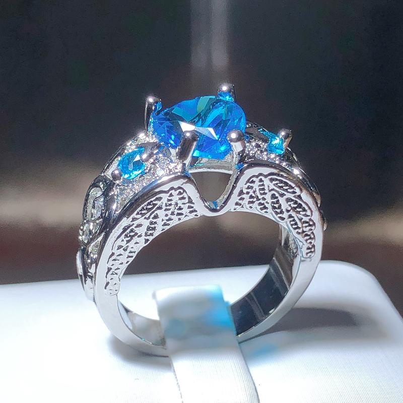 New Fashion Heart-shaped Blue Zirconia Ring Female 925 Stamp Hollow Geometric Jewelry Party Wedding Gift