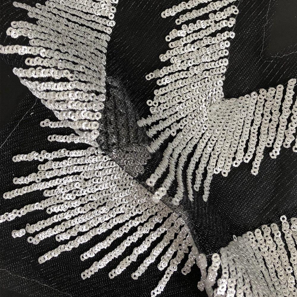 V Collar Design Mesh Lace Appliques Silver Sequins Dress Decoration Appliques Gown Embellishment
