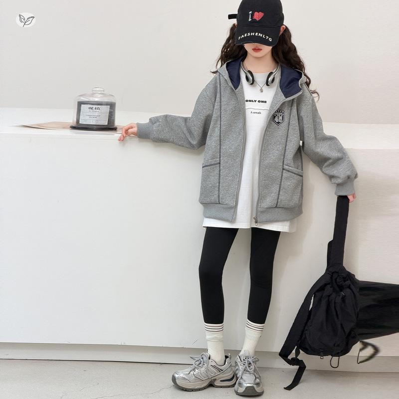 Girls' Grey Embroidered Badge Hooded Zipper Sweatshirt - Spring/Autumn Casual Loose Fit Jacket