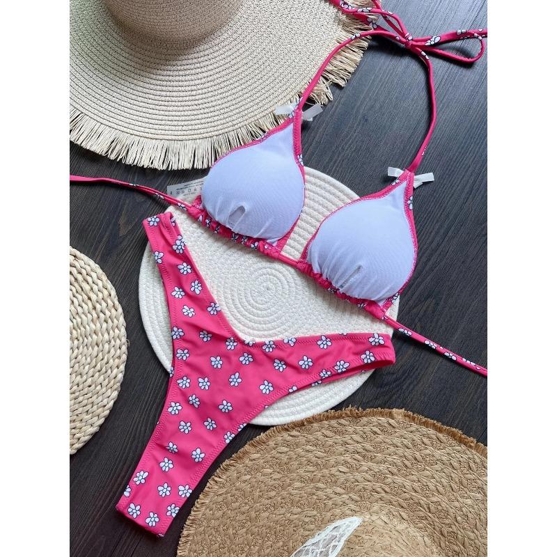 Flowers Printed Halter High Leg Cut Bikini Female Swimsuit Women Swimwear Two-pieces Bikini Set Bather Bathing Suit Swim
