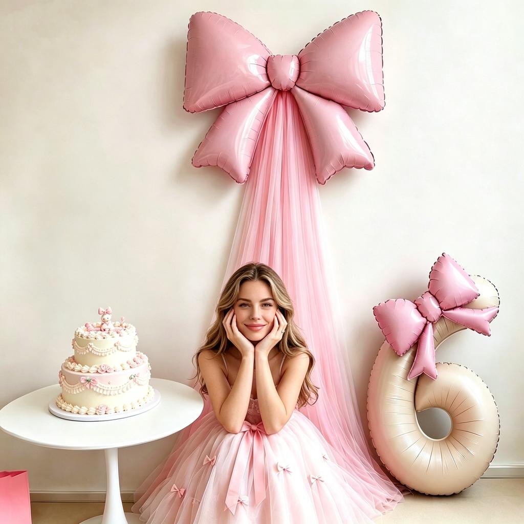 5-teiliges DIY-Schleifen-Geburtstags-Hintergrunddekorations-Ballonset Enthält 40 Zoll Cremeweiße Zahlen-Folienballons 0-9 Hellrosa Schleifen-Ballons mit