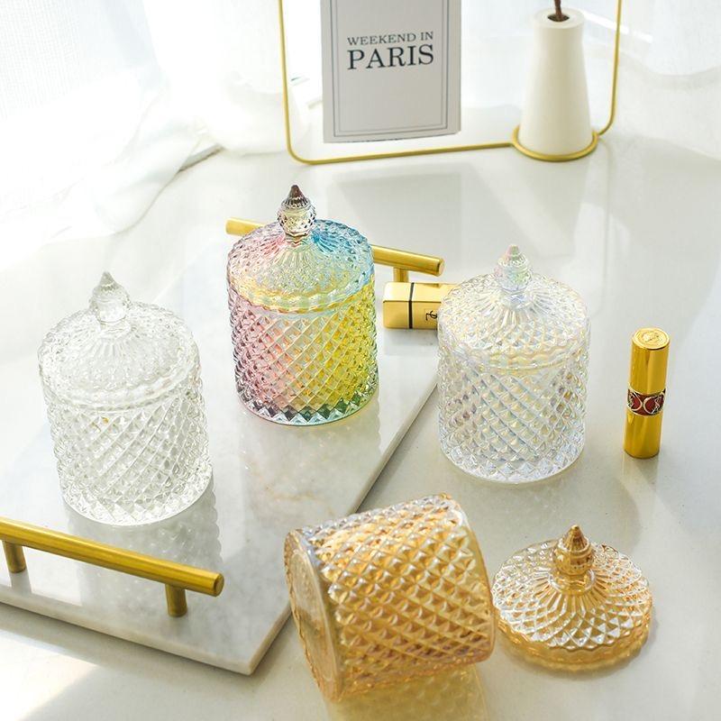 Europäisches Retro-Glas-Aufbewahrungsglas mit Deckel, Transparenter Goldener Schmuck- & Wattestäbchenhalter, Süßigkeiten- & Make-up-Pinsel-Organizer