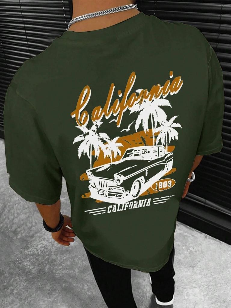 New Summer Mens Beach Coconut Tree Printed Breathable and Comfortable Round Neck Tshirt Outdoor Vacation Casual Top