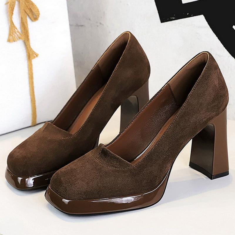 

BIGTREE shoes 9 cm Chunky Block Heels Women Pumps Retro High Heels Square headed platform high heels Suede Ladies shoes 3 colour 35