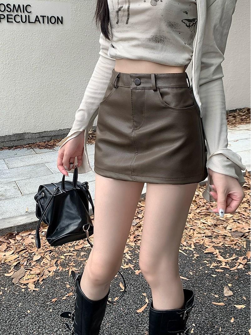 

Women s PU Leather A-Line Skirt - High Waist, Slim Fit, Coffee Color, Autumn/Winter 2023 Collection L