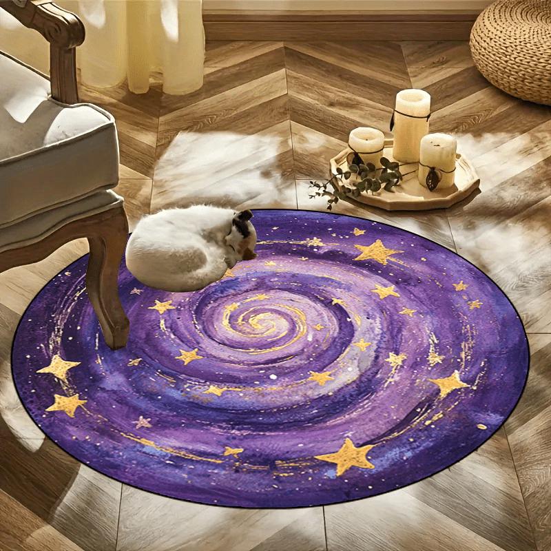 Galaxy Starry Night Round Area Rug Non Slip Purple Gold Space Theme Living Room Bedroom Patio Decor Washable Carpet