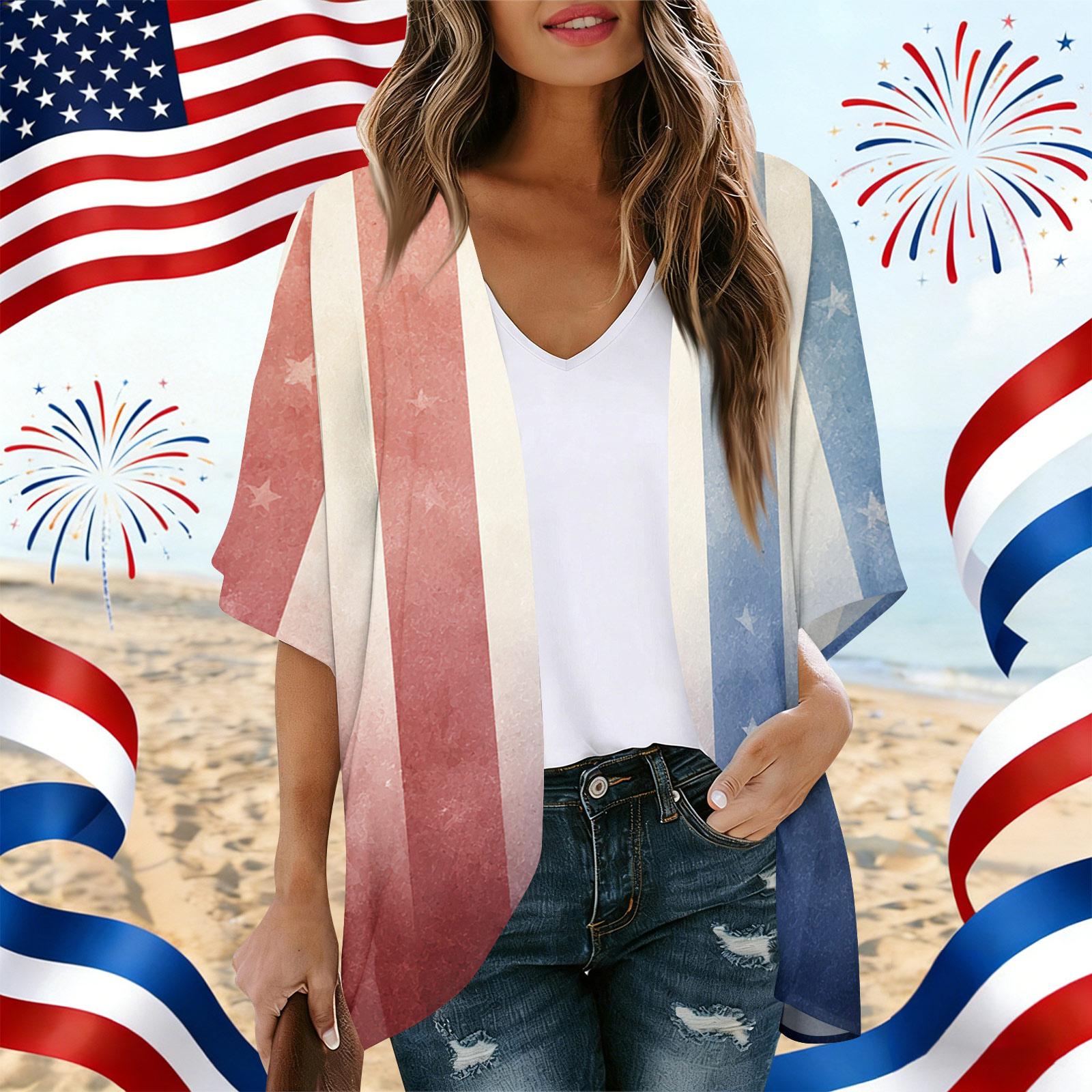 Women s Independence Day Print Cardigan, Loose-Fit Tunic, Casual Shirt L синий
