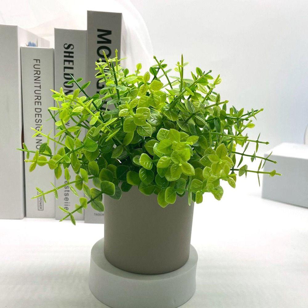 Green Artificial Plant Bonsai Grass Leaves Grey Flowerpot Simulation Plant Flowerpotted Craft Photo Props Faux Potted Decoration