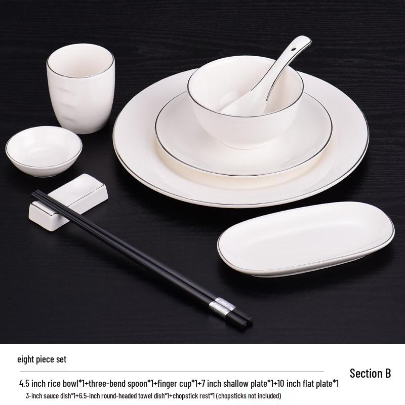 Elegant Ceramic Tableware Set: White with Platinum Rim - Includes Plates, Bowls, and Dishes for Restaurants or Clubhouses, Available in 3 or 4 Pieces