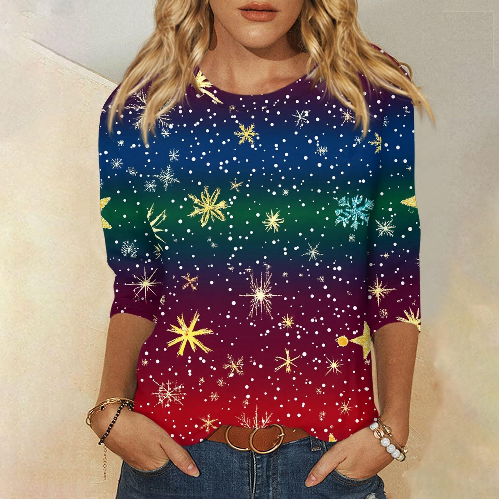 

Рубашки с рукавом 3/4 для женщин Милые рождественские принты Графические футболки Блузки Повседневные Большие размеры Базовые топы Пуловеры XXXL