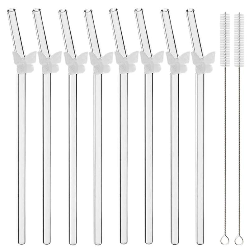 8Pcs Glass Smoothie Straw, Reusable Clear Drinking Straws for Smoothie Milkshakes Environmentally Friendly Drinkware Straw
