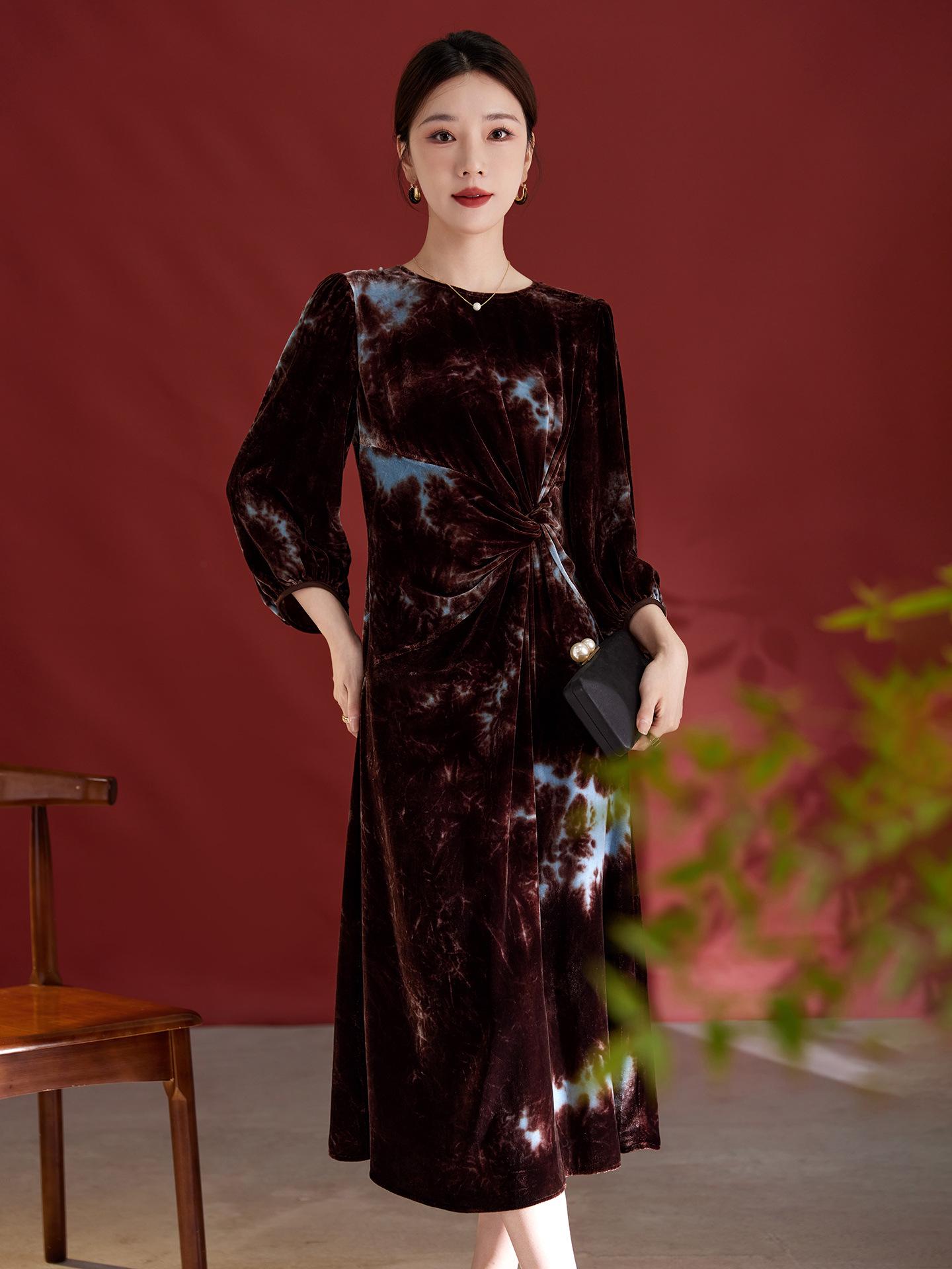 

Французское лоскутное платье тай-дай из шелкового бархата с длинным рукавом - Элегантное осеннее миди XXL