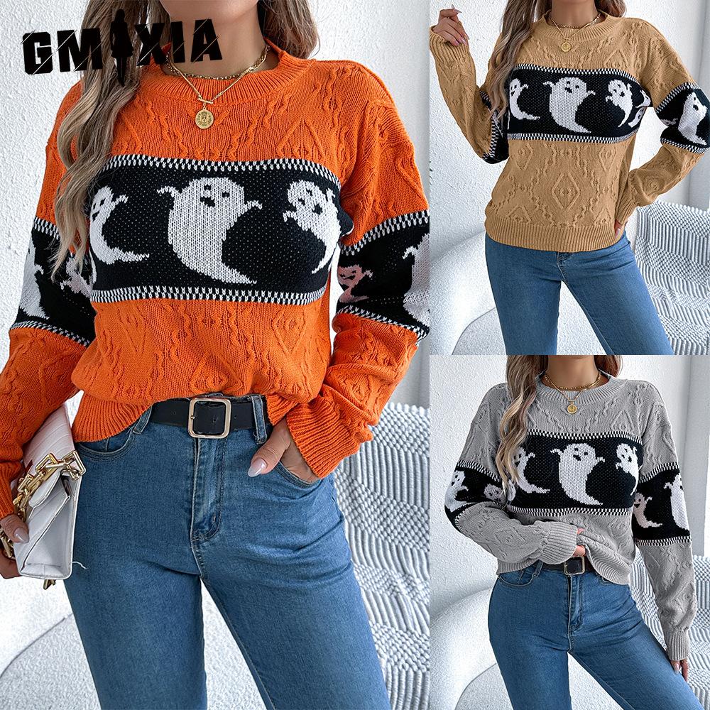 GMXIA's Autumn and Winter Halloween-themed Ghost-contrasting Color Long-sleeved Pullover Sweater Women's Wear