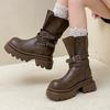 Fashion Thick-soled Leather Boots Heightened Adjustable Belt Buckle Martin Boots Women's Autumn and Winter Retro Fashion Medium Tube Knight Boots