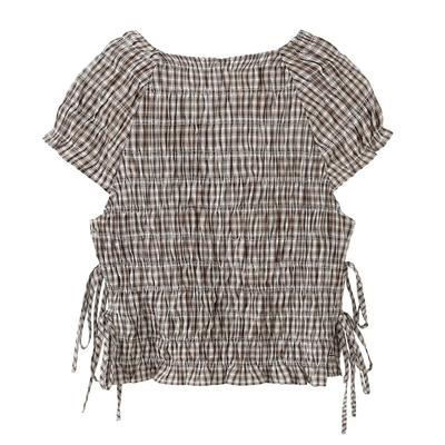 European and American Style, New Women's Clothing, Foreign Style Fashion Bubble Sleeves, Pleated Plaid Poplin Top