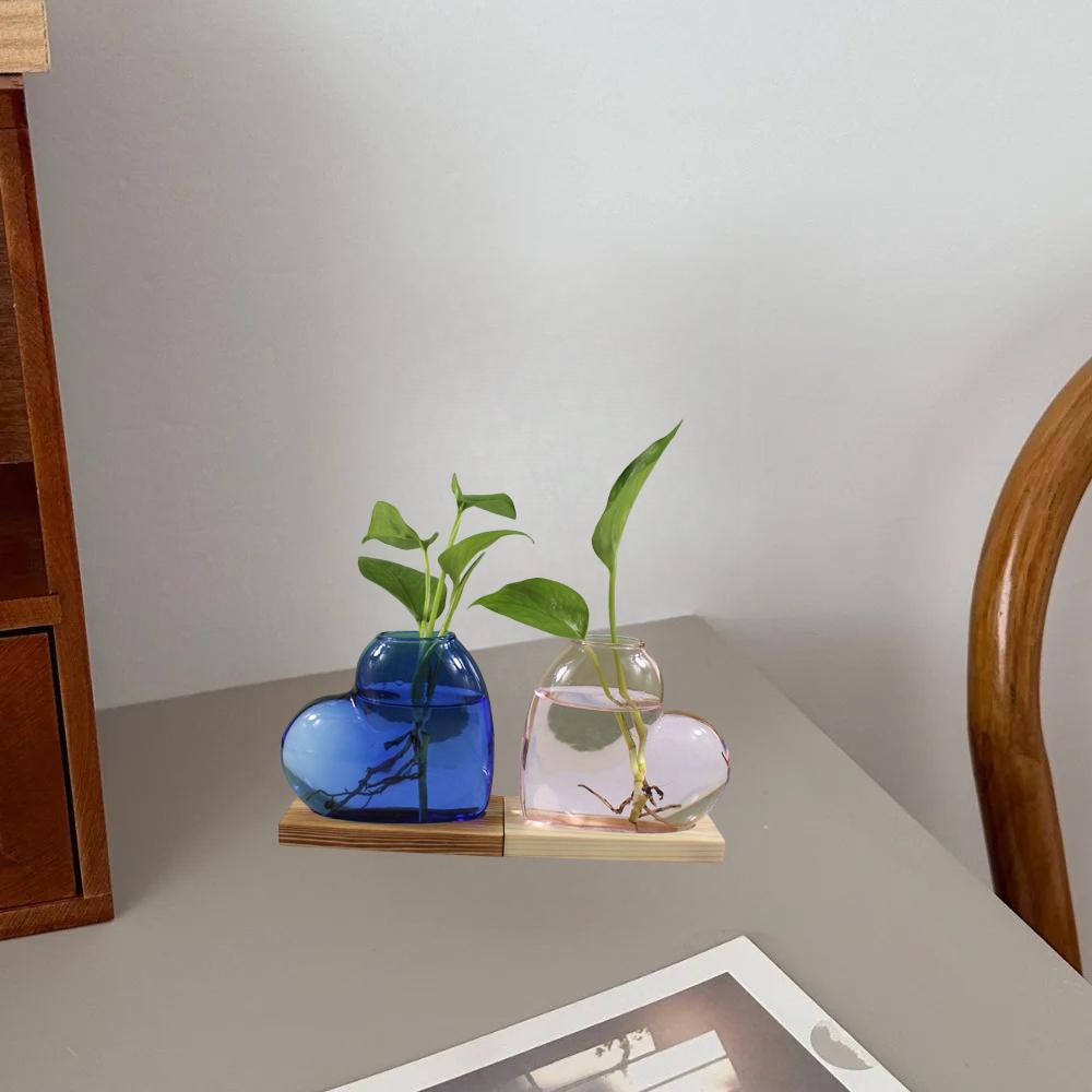 Colorful Love Shaped Glass Vase with Wooden Hydroponic Flower Plants Vase Desktop Ornament Living Room Office Decoration