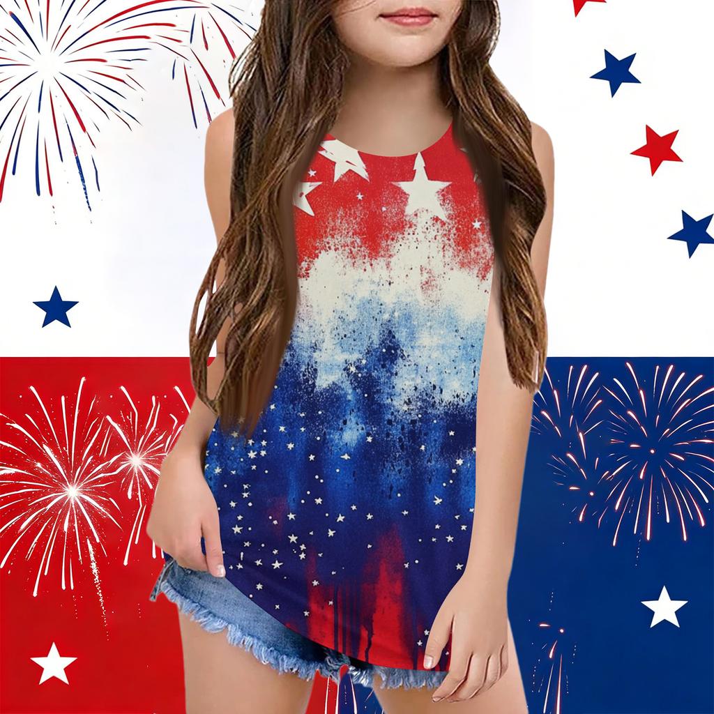 Girls  Kids Summer Crewneck Sleeveless Shirts Tank Tops Independence Day