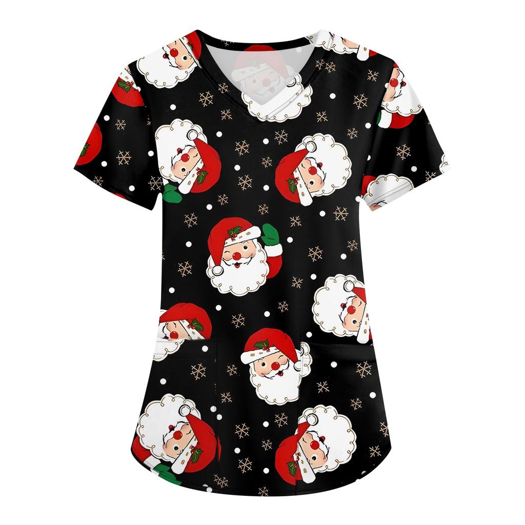 Vêtements de travail à manches courtes et col en V pour femmes avec poches et hauts imprimés de Noël