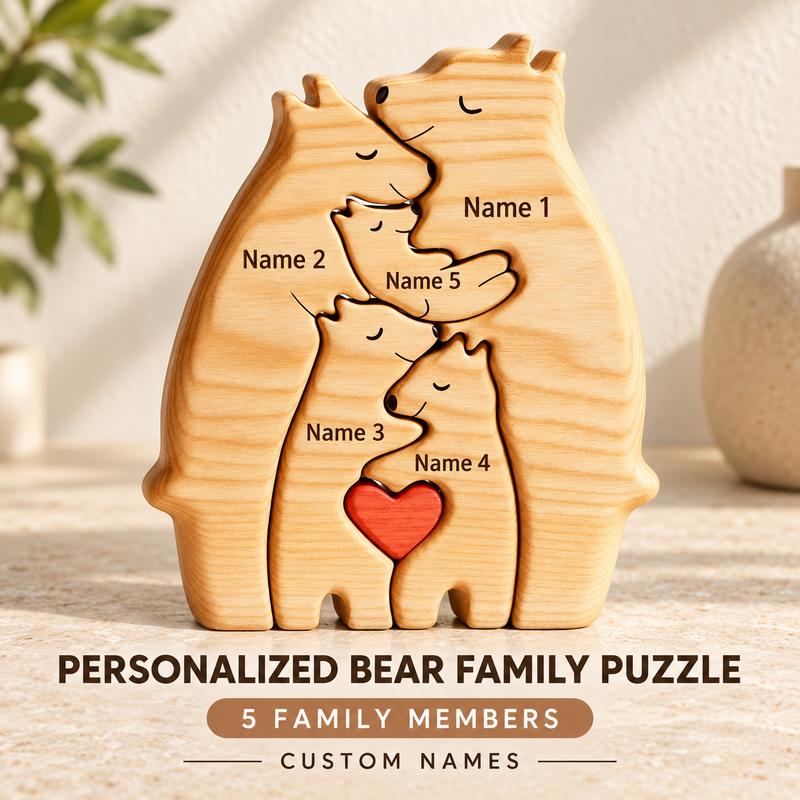 Houten Beer Familie Puzzel Ornament met Rood Hart, In elkaar grijpende Dierfiguur voor Plank Decoratie, Kerst- en Familiegiften