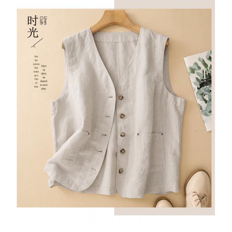 2025 Autumn Retro Women s Cotton Linen Vest - Artistic and Versatile L абрикосовый