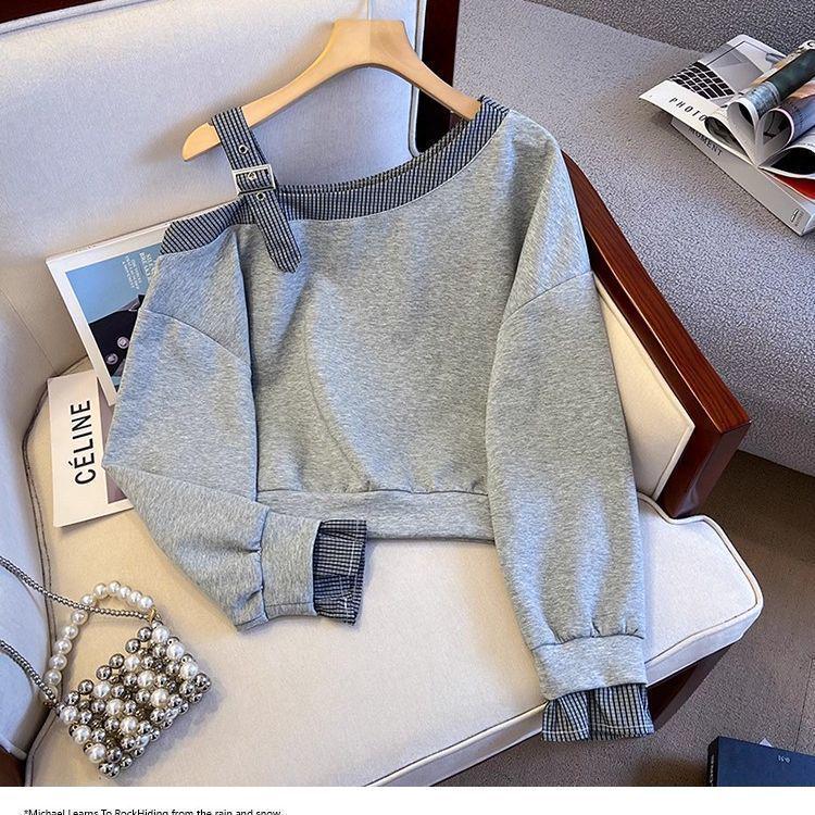 2025 Designer Off-Shoulder Slanted Neck Petite Sweatshirt Long-Sleeve Top for Spring & Autumn