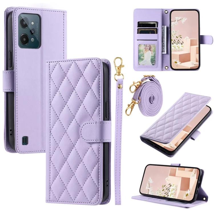 

For Realme C31 Case PU Leather Rhombus Grid Phone Cover with Crossbody Lanyard
