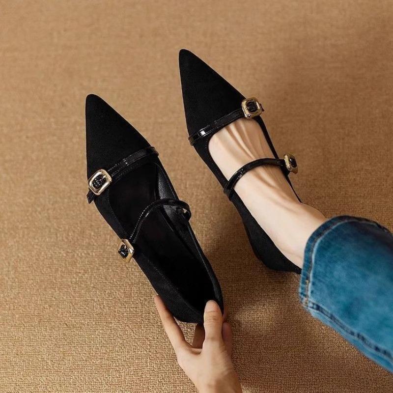 New Pointed-toe Shoes, Stylish and Elegant, One-button Single Shoes for Women with Flat Bottoms