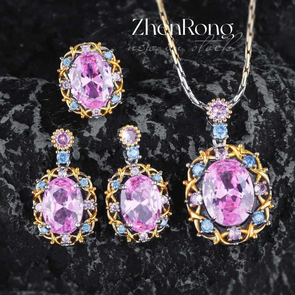 Women Jewelry Set Elegant Ribbon Design Cherry Blossom Pink Diamond Pendant Aquamarine Earrings Gemstone Ring High Carbon Diamond Set