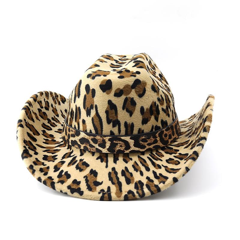 Cool Hat Women's Woolen Men's And Couple Western Large Brim Cowboy Hat Leopard Print Top Hat 56-58Cm