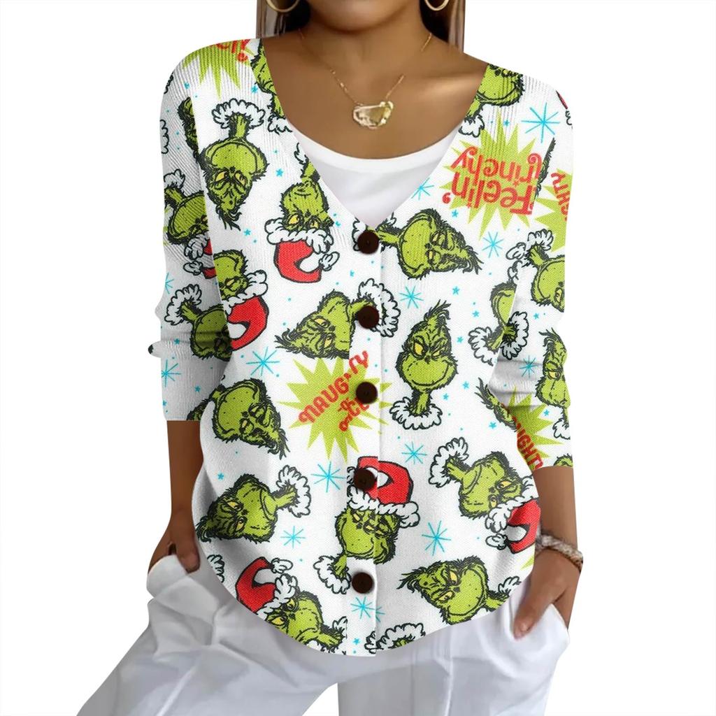 Mote for kvinner, avslappet strikket genser med knapper, cardiganjakke med juleprint