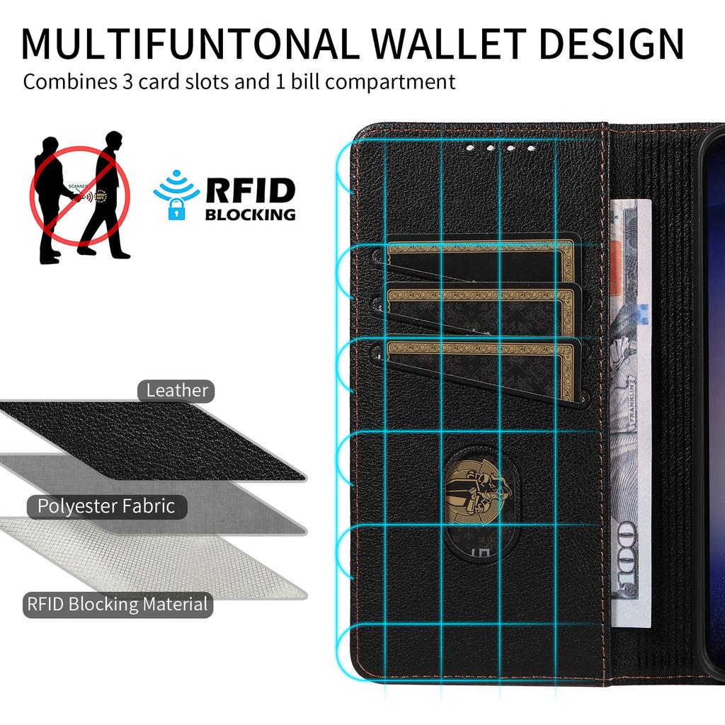 Para Samsung Galaxy S23 Capa de Couro Textura Lichia Bloqueio RFID Carteira Suporte Capa de Telefone