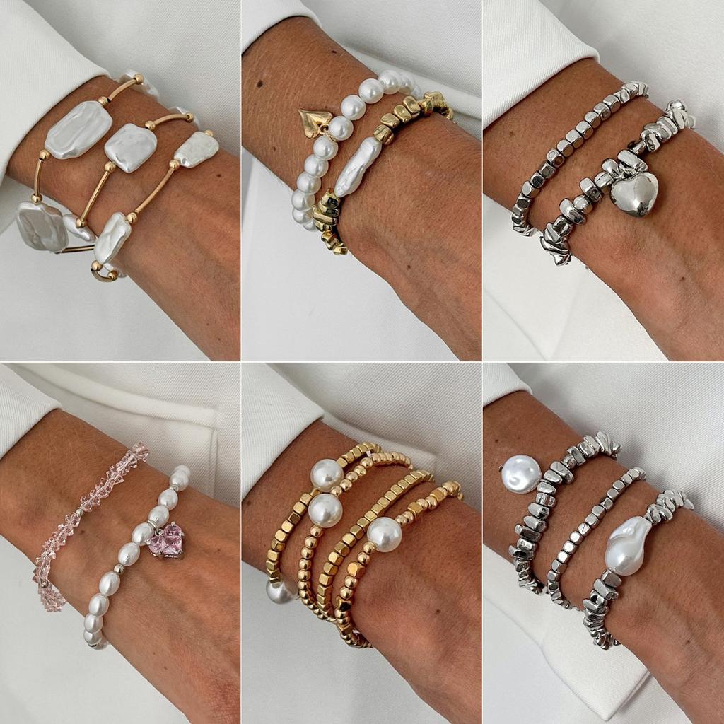 Baroque Special-Shaped Imitation Pearl Beaded Bracelet Fashion Gravel Flash Diamond Love Pendant Elastic Bracelet