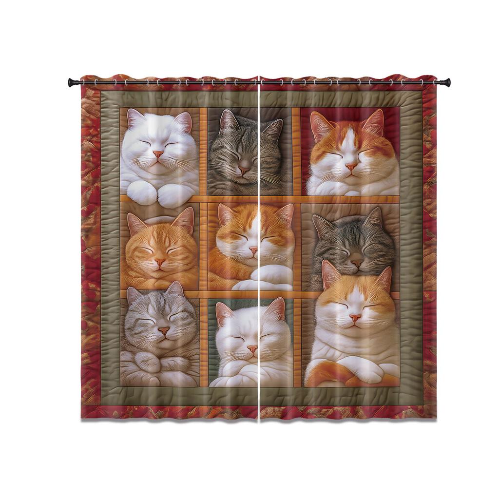 Room Darkening Spliced Cat Print Curtain Thermal Insulation Multiple Sizes Living Holiday Decoration Set Of 2 Made Polyester Washable Sitting Ready