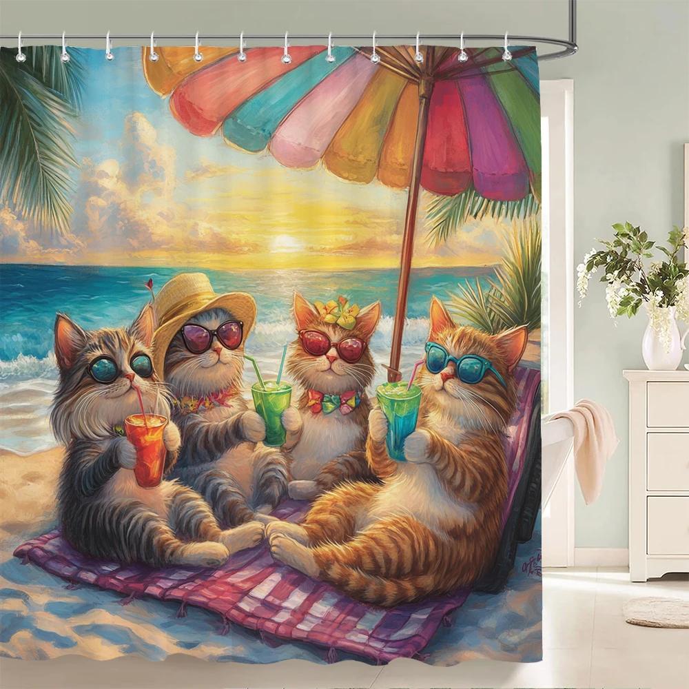Funny Cat And Dog Shower Curtain Animal Beach Printed Bathroom Bath Curtain Home Decor With Hooks