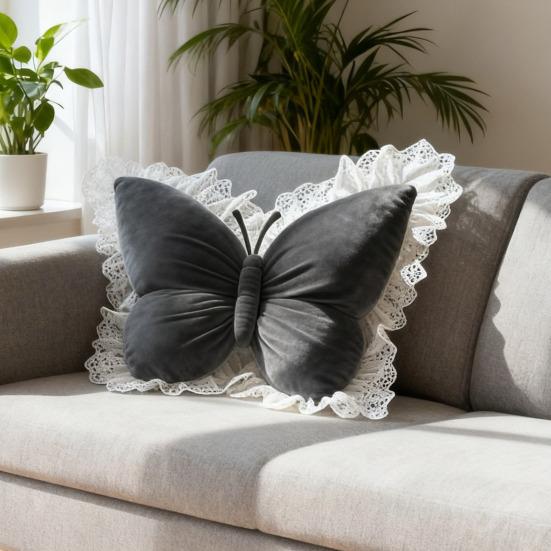Yousheng Butterfly Throw Pillow Decorative Butterfly Pillow with Lace Trim Princess Style Stuffed Pillow for Living Room Bedroom Sofa Home Decor