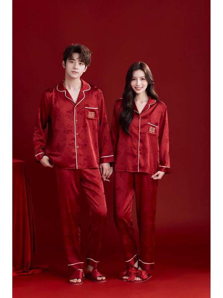 Bright Red Spring-Autumn Panda Jacquard Wedding Pajamas Set for Couples – Festive Plus Size Homewear for Men and Women