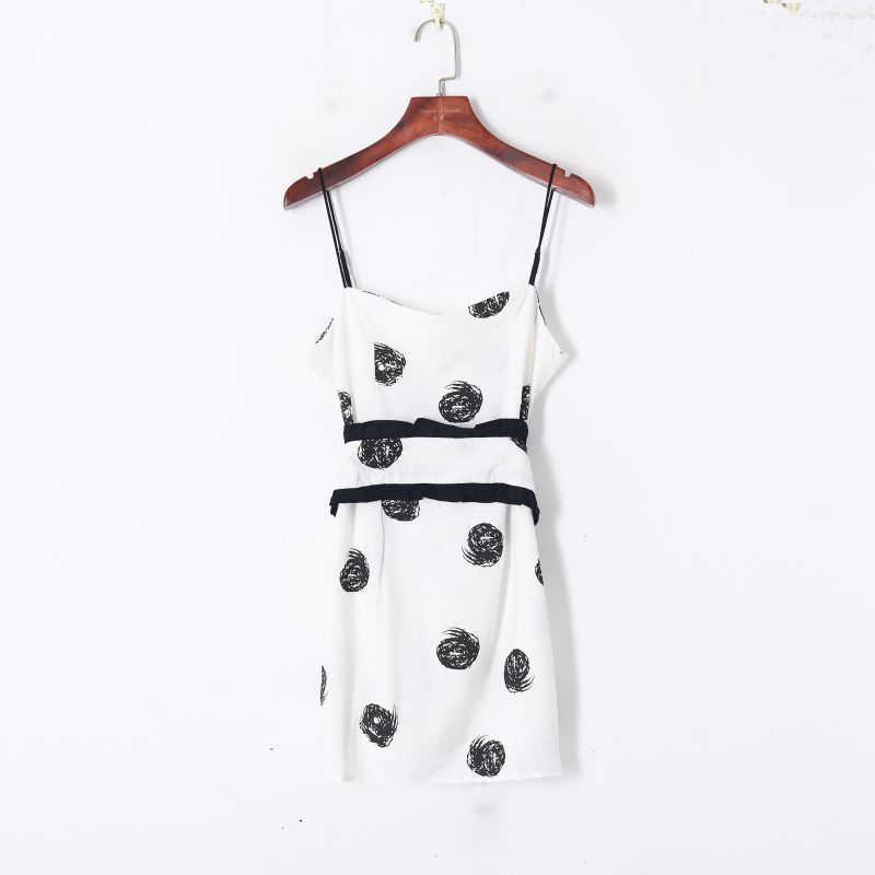 

New Fall Women s Clothing Sexy European and American Style Contrast Color Polka Dot Pattern Wide Brim Waist-Slimming Belt Slim Looking Sling Dress White(J4-14) S