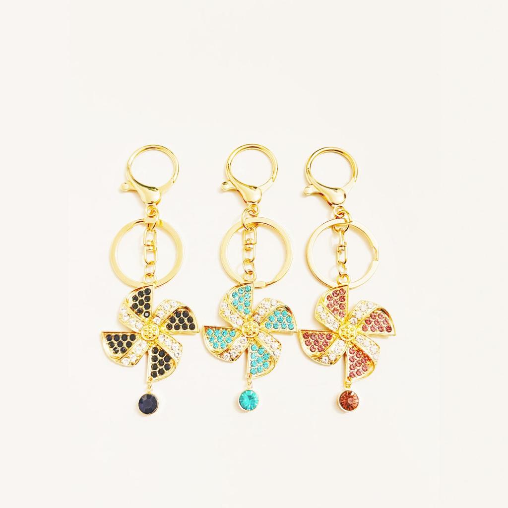 Rhinestone Windmill Key Ring with Plush Pom-Pom Pendant