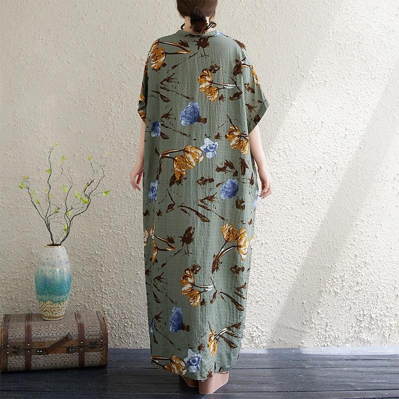 Sommer V-Ausschnitt dünne Baumwolle und Leinen Übergröße locker literarisch Urlaubs-Wind Strandrock Retro fleischbedeckender langer Umhang