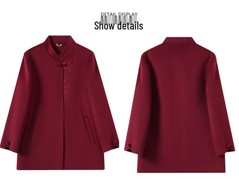 Mom's Embroidered Cashmere Coat for Women - Fashionable Autumn/Winter Wool Overcoat for Middle-Aged and Elderly Ladies
