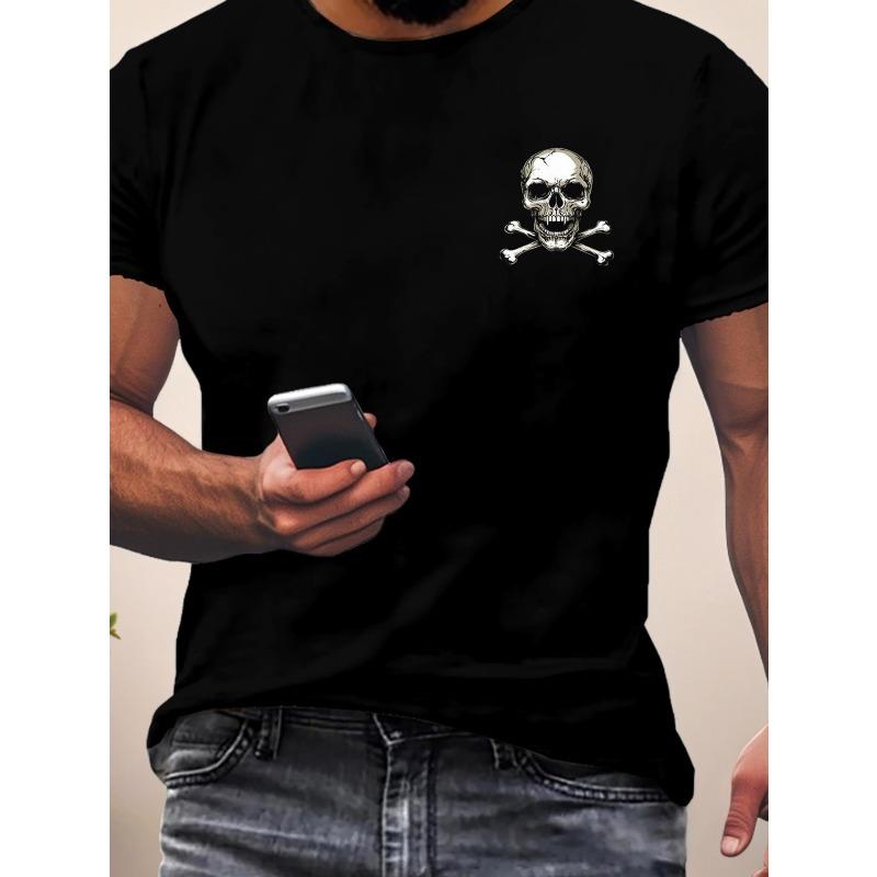 Herren Casual Sport T-Shirt, Schwarz, Totenkopf-Print, Normale Passform, Dehnbarer Stoff, Rundhalsausschnitt, Geeignet für Alle Jahreszeiten, Modisches Herren Oberteil