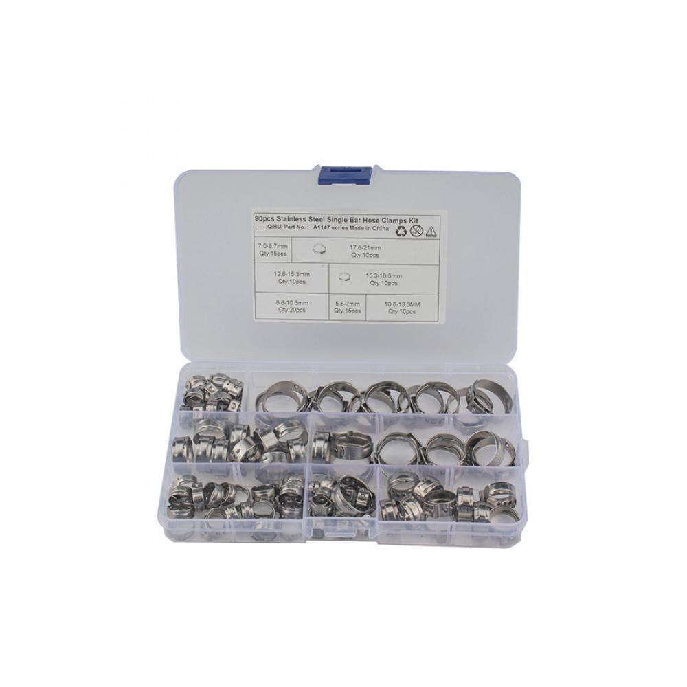 90 x 7 Kinds Single Ear Stainless Steel Car Hydraulic Hose Clamps O-Clips Pipe Fuel Air Pipe Clamp