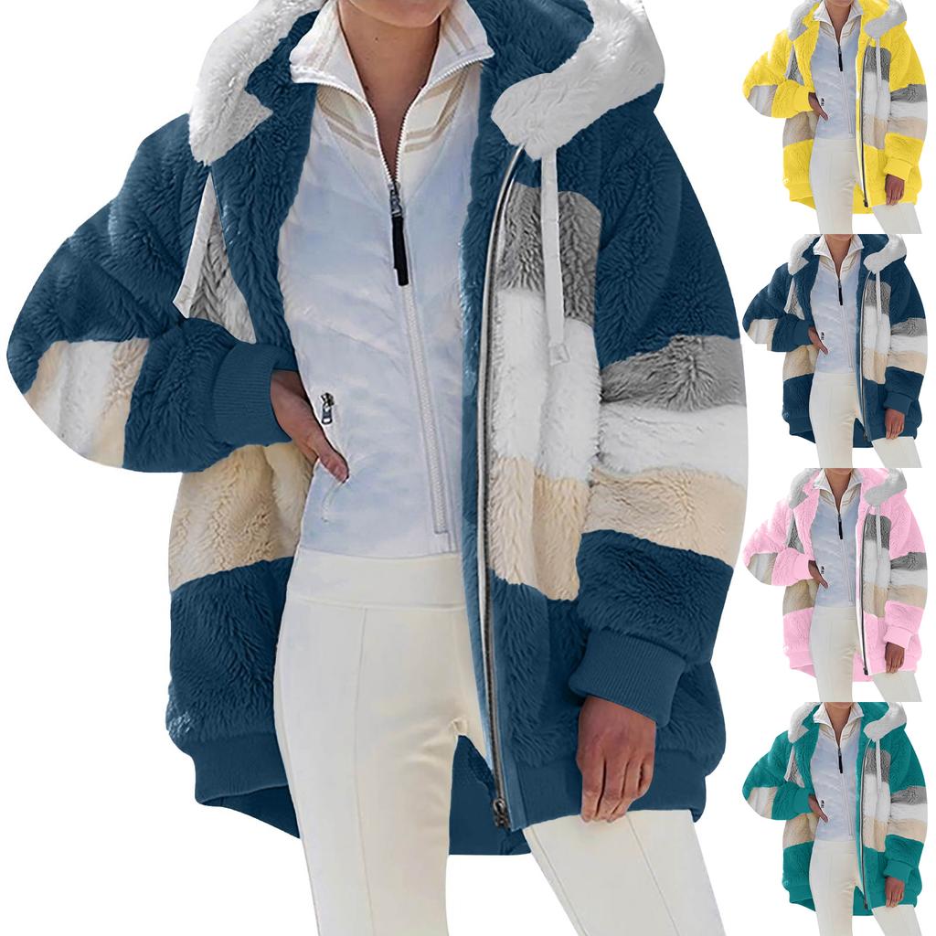 Women's Fashionable Warm Fleece Solid Color Patchwork Hoodie Zipper Pocket Casual Jacket